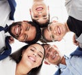 Team building, support or portrait of business people in huddle for collaboration, partnership or community. Faces, low Royalty Free Stock Photo