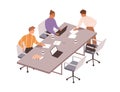 Team at business meeting at conference table. People work with laptops, documents together at office desk. Employees Royalty Free Stock Photo