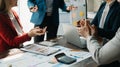 Team business meeting presentation. Hand businessman working project in modern office.Laptop computer and tablet and smart phone Royalty Free Stock Photo