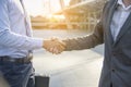 Team Business Partners shaking hands together to Greeting Start up new project. Corporate Teamwork Partnership outside office Royalty Free Stock Photo