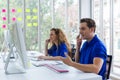 Team call center worker and operators with microphone and computer at work, Call center. Royalty Free Stock Photo