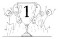 Team Celebrating with Victory Trophy Cup, Vector Cartoon Stick Figure Illustration