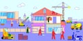 Team character male constructor building house, urban construction site place line flat vector illustration, labour