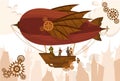 Team characters on balloon, steampunk airship, flat vector illustration. Air transport, gears, vintage, antique design