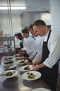 Team of chefs garnishing meal on counter Royalty Free Stock Photo