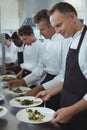 Team of chefs garnishing meal on counter Royalty Free Stock Photo