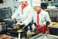 Team of chefs in a kitchen preparing fantastic food in pans