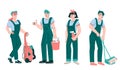 Team of cleaners and janitors male and female characters, cartoon vector isolated