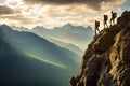 A team of climbers at the top of a high mountain in the light of the setting sun. Royalty Free Stock Photo