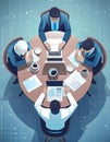A team collaborates around a table, laptops open, discussing strategy
