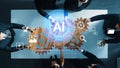 Team Collaborating on AI Project with Gears and Digital Interface in Modern Office Setting Gluon Royalty Free Stock Photo