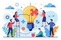 Team collaboration in a business setting connects puzzle pieces to create an innovative light bulb concept in a modern office Royalty Free Stock Photo