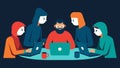 Team Collaboration A group of ethical hackers gathered around a table brainstorming with laptops open discussing