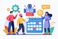 Team collaboration with a robot for project planning and scheduling using a calendar in a bright, colorful workspace Royalty Free Stock Photo