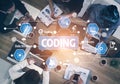 Team Collaboration on Software Development with Coding Visuals and Technology Icons Representing Data Structure, Testing Royalty Free Stock Photo