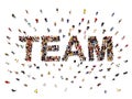 Team concept .3d rendering of a diverse large group of people forming the shaped text word for teamwork.