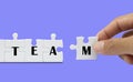 Team concept with hand holding jigsaw puzzle a piece to join word Royalty Free Stock Photo