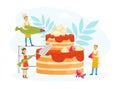 Team of Confectioners Decorating Cake with Cream, Tiny People in Uniform and Cap Cooking in Kitchen Vector Illustration