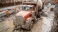 A team of construction workers in reflective vests and helmets working together to pour concrete for a foundation Royalty Free Stock Photo
