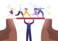 Team crossing mountain cliff with business boss, manager businessman character vector illustration. Man help people to