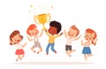 A team of cute children won the competition. Boys and girls won the gold cup and rejoice in victory. Teamwork concept Royalty Free Stock Photo