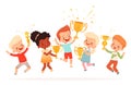 Team of cute children won the competition. Boys and girls won the gold cup and rejoice in victory. Teamwork concept for