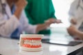 team of dentists is diagnosing inside conference room treating patient toothache. team of doctors and dentists are meeting to find Royalty Free Stock Photo