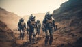 A team of determined military heroes explore futuristic landscapes together generated by AI