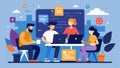 A team of developers and programmers coding and debugging together in a shared workspace troubleshooting each others