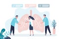 Team of doctors checks condition of lungs. Group of pulmonologists examine and treat respiratory organ. Woman examines with a