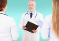 Team of doctors discussing something isolated on blue background,mock up