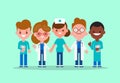 Team of doctors, nurse and medical workers holding hands together. Fighting Covid-19 Virus concept. Vector cartoon character