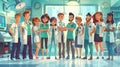 The team of doctors and nurses in uniform. Modern flat illustration of a group of happy people in a health clinic or Royalty Free Stock Photo