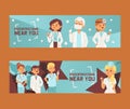 Team of doctors and other hospital workers set of banners vector illustration. Medicine professionals and medical staff Royalty Free Stock Photo
