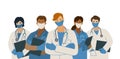 A team of doctors wearing masks and stethoscopes on a white background. An epidemic. The objects are isolated. Vector illustration