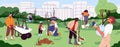 Team of ecology activists planting trees in soil. People with kids care about garden, urban park. Person watering Royalty Free Stock Photo