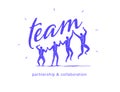 Team emblem, logo with text, happy celebrating office people group silhouettes holding hands together jump and celebrate.