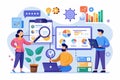 A team is engaged in analyzing project data using charts and graphs in a bright workspace setting, Analyzing work projects with Royalty Free Stock Photo