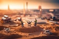 Team of engineers inspects the engines of a drone. Tiny workers building a miniature city with drones. Generative AI Royalty Free Stock Photo