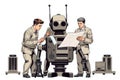 Team of engineers troubleshooting robot prototype, sharing tools and diagrams Royalty Free Stock Photo
