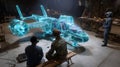 Augmented reality aircraft design team working on futuristic plane vr headset technology development Royalty Free Stock Photo