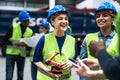 Team of engineers working in robotic factory Royalty Free Stock Photo