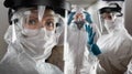 Team of Female and Male Doctors or Nurses Wearing Personal Protective Equiment In Hospital Hallway