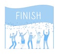 Team on finish. Business man woman celebrating successful deal at finish line. Business racing winner, finance vector Royalty Free Stock Photo