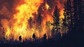 Team of Firefighters in Safety Uniform Extinguishing Wildland Fire, Moving Along a Smoked Out Forest to Battle Dangerous
