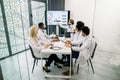 Team of five multiracial male and female doctors having brainstorming session in the meeting room. Young bearded Royalty Free Stock Photo