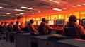 A team of focused programmers working late in a server room