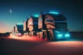 team of futuristic trucks, racing through the desert at night