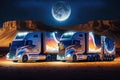 team of futuristic trucks, racing through the desert at night