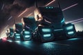 team of futuristic trucks speeding through the night, with headlights casting light on the road